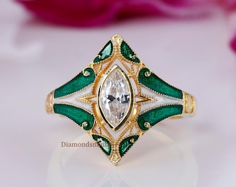 Green Enamel Art Deco Edwardian Ring, Victorian Retro Wedding Ring, Bezel Set Milgrain Ring, Marquise Cut Moissanite Diamond Engagement Ring