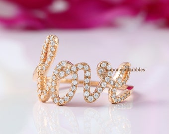 Love Script Ring, Love Diamond Ring, Cursive Love Ring, Love Letter Diamond Ring, Round Cut Moissanite Wedding Ring, 14K Rose Gold Love Ring