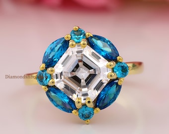 Vintage Style Halo Ring, Blue Sapphire Ring, Asscher & Marquise Cut Diamond Wedding Ring Art Deco-Sapphire Halo Ring Wedding Engagement Ring