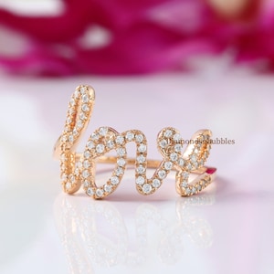 Love Script Ring, Love Diamond Ring, Cursive Love Ring, Love Letter Diamond Ring, Round Cut Moissanite Wedding Ring, 14K Rose Gold Love Ring