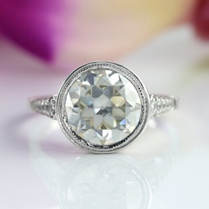 Vintage Antique Art Deco Style 3.00 Carat Round Old European Cut Moissanite Engagement Ring, Milgrain Bezel Set Ring, 14K White Gold Ring
