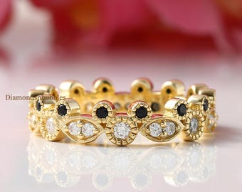 Mouse Ears Magical Band, Milgrain Mouse Fairy Tale Engagement Band, Black & White Moissanite Band, Full Eternity Wedding Band, 14K Gold Band