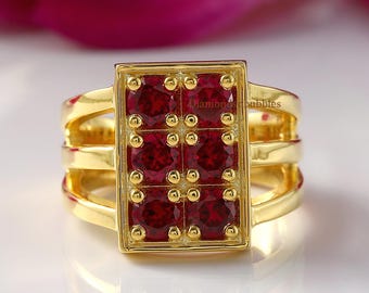 Ruby Three Row Band Ring, Garnet Art Deco Vintage Ring, Seven Stone Engagement Ring, Bezel Set Gemstone Ring, Split Shank Cocktail Ring