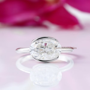 3 Ct Oval Cut Moissanite East To West Ring, Solitaire Moissanite Engagement Ring, Half Bezel Ring, 14k Gold East West Ring, Anniversary Gift