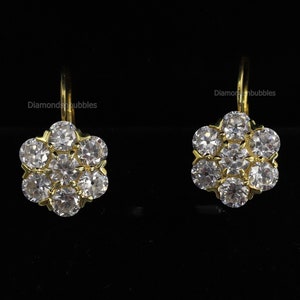 Antique Old European Cut Diamond Cluster Lever Back Diamond Earrings, Antique Vintage Art Deco 14K Gold Over Lever Back Engagement Earrings