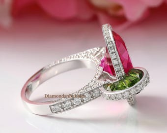 Pink Tourmaline & Peridot Halo Ring, Limelight Drink Style Ring, Luxury Cocktail Ring, Party Wear Ring, Mocktail Inspired Ring, 925 Silver