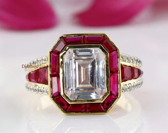 Red Ruby Gemstone Ring, Emerald Halo Wedding Ring, Bezel Set Ring, Vintage Emerald & Baguette Diamond Engagement Ring 14K Gold Art Deco Ring