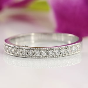 Milgrain Wedding Band, Diamond Wedding Band, Half Eternity Diamond Band, Moissanite Stacking Ring, Anniversary Gift Ring 14K White Gold Ring
