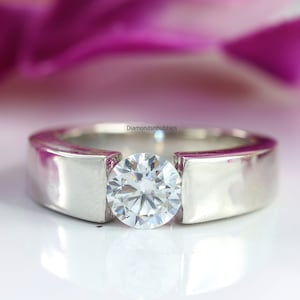 2.00 Carat Round Cut Moissanite Diamond Solitaire Engagement Ring, Tension Set Ring, Moissanite Men&#39;s Engagement Ring, 925 Sterling Silver