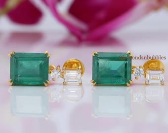 Emerald Cut Simulated Green Emerald & Diamond Earrings, Simulated Diamond Jewelry, Minimalist Bridal Jewelry, Statement Studs, Gift for Her