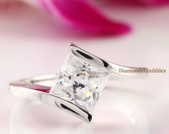Tension Set Ring, Swirl Bypass Diamond Ring, 2.00 CT Princess Cut Moissanite Engagement Wedding Ring, 10K/14K/18K White Gold Princess Ring