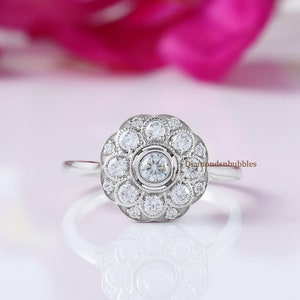 Floral Moissanite Ring / Flower Halo Ring / Milgrain Floral Ring / Flower Engagement Ring / Women's Wedding Ring / 925 Silver Vintage Ring