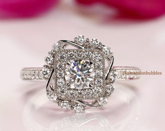 Vintage Style Cluster Ring, Bezel Set Milgrain Engagement Ring, Vintage Halo Ring, Round Cut Moissanite Wedding Ring, Antique Unique Ring