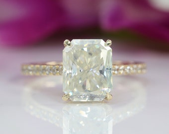 Hidden Halo Ring, Solitaire With Accent Ring, 3.5 CT Radiant Cut Moissanite Engagement Wedding Ring, Radiant Cut Ring, 14K Yellow Gold Ring