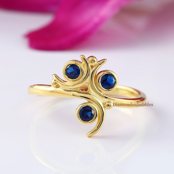 Three Stone Sapphire Ring, Vintage Style Ring, Blue Sapphire Spiritual Stone Engagement Ring, Bezel Set Ring, Women's Anniversary 14K Gold