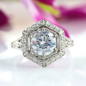 Hexagon Shape Art-deco Ring, Round Cut Diamond Ring, Vintage-Filigree-Engagement Ring, Edwardian Wedding Ring, Woman's Ring, 14K White Gold