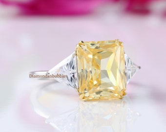 Canary Yellow Diamond Ring, Three Stone Ring, Huge Yellow Radiant