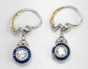 Vintage Art Deco Earrings, Floral Halo Earrings, Lever Back Earrings, Blue Sapphire Earrings, Antique Earrings, 14K Gold over Earrings