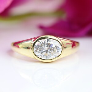 Oval East to West Engagement Ring, Oval Bezel Set Ring, 2.00 CT Oval Cut Moissanite Solitaire Engagement Wedding Ring, 14K Yellow Gold Ring