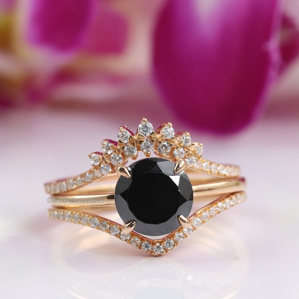 Vintage Black Diamond, Black Diamond Engagement Ring, Round Diamond Moissanite Ring, Curved Wedding Band 14K Rose Gold Over