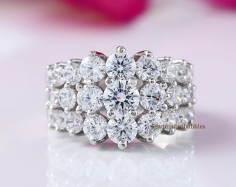 3列モアッサナイトバンド、ハーフエタニティ結婚指輪、ラウンドカットモアッサナイト婚約指輪、14Kゴールド3列ダイヤモンドリング、プロミスリング