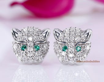 Leopard Head Stud Earring, Emerald Eyes Antique Earring, Animal-Inspired Earring, Art Deco Moissanite Stud Earring, 925 Silver Earring