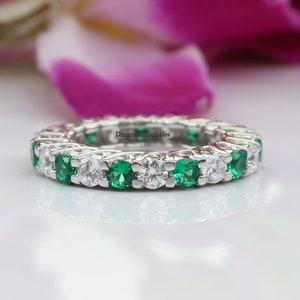 Vintage-inspired Emerald Diamond Full Eternity Band, Vintage 14K White Gold Emerald Diamond Eternity Wedding Band, Matching Diamond Band