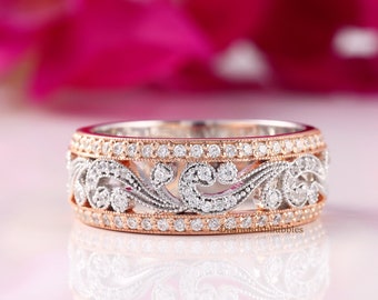 Antique Edwardian Circa Inspired Antique Ring, Art Deco Filigree Ring, Vintage Art Deco Style Engagement Wedding Band, Two-Tone 925 Silver