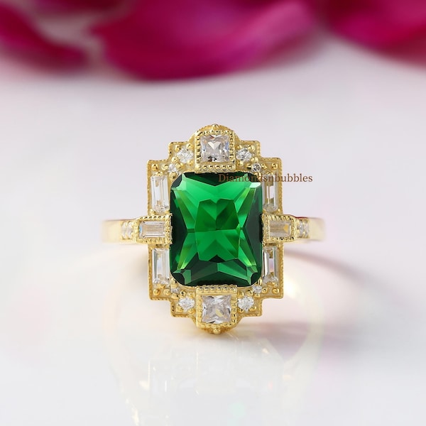 Emerald Halo Wedding Ring, Multi-Shape Gemstone Ring, Milgrain Ring, Vintage Art Deco Ring, Emerald Green Diamond Engagement Ring, 14K Gold