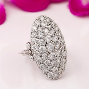 Oval Shape Cluster Ring, Bella Celebrity Engagement Ring, 14K Gold Round Cut Moissanite Pave Set Cluster Ring, Cocktail Vintage Antique Ring