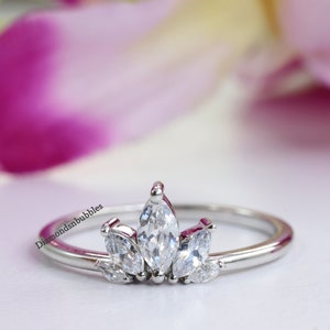 Vintage Curved Wedding Ring, Marquise Diamond Band, Antique Bridal Ring, Vintage Marquise Diamond Wedding Band Women Ring, White Gold Band