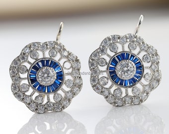 Vintage Art Deco Earrings, Floral Halo Earrings, Lever Back Earrings, Blue Sapphire Earrings, Antique Earrings, 14K Gold over Earrings