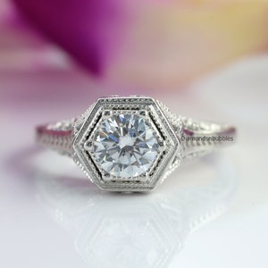 Antique Art Deco Edwardian Ring, Filigree Solitaire Engagement Wedding Ring, Hexagon Shape Vintage Ring, Round Cut Moissanite Diamond Ring