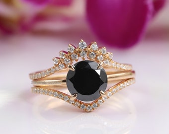 Vintage Black Diamond, Black Diamond Engagement Ring, Round Diamond Moissanite Ring, Curved Wedding Band 14K Rose Gold Over