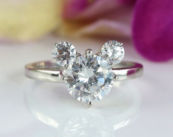 Mouse Engagement Ring, Wedding Ring, Three Stone Ring, Round Cut White Diamond Ring, Promise Ring, Gift For Her, 925 Sterling Silver Ring