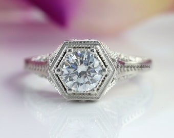 Antique Art Deco Edwardian Ring, Filigree Solitaire Engagement Wedding Ring, Hexagon Shape Vintage Ring, Round Cut Moissanite Diamond Ring