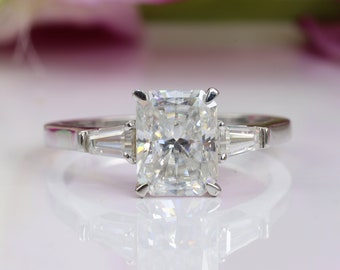 2.5 Carat Radiant Cut Diamond Engagement Ring, Side Tapered Baguette Three Stone Engagement Ring, Claw Prongs, Wedding Ring for Women's