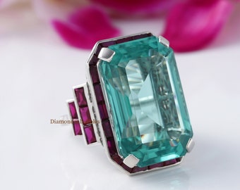 Green Emerald Cut Diamond Ring, Ruby Diamond Engagement Ring, Woman's Wedding Ring, Cocktail Ring, Party Wear Ring, 925 Silver Ring