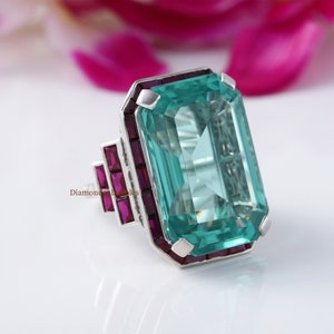 Anello con diamante taglio smeraldo verde, anello di fidanzamento con diamante rubino, anello nuziale da donna, anello da cocktail, anello da festa, anello in argento 925