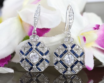 Vintage Art Deco Earrings, Drop Dangle Diamond Earrings, Engagement Wedding Earrings, Round & Sapphire Diamond 14K White Gold Over Earrings