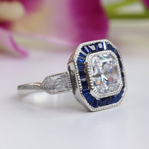 Vintage Art Deco Style Asscher Diamond and Sapphire Ring, Art Deco-Sapphire Halo Ring, Vintage Milgrain Bezel Set Engagement Silver Ring