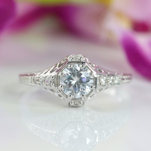 Antique Art Deco Edwardian Ring, Filigree Solitaire Engagement Wedding Ring, Hexagon Shape Vintage Ring, Round Cut Moissanite Diamond Ring