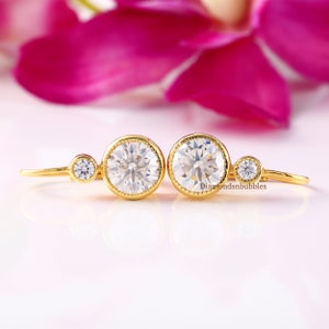 Antique Vintage Art Deco 14K Gold Round Moissanite Two-Stone Lever Back Earrings 1920&#39;s, Milgrain Bezel Set Earring, Dangle & Drop Earring