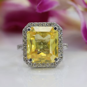Canary Yellow Diamond Ring, Radiant Cut Canary Yellow Diamond Engagement Ring, Halo Wedding Ring, Anniversary Gift Ring, 925 Silver Ring