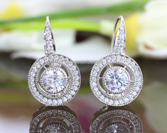 Vintage Art Deco Earrings, Halo Earrings, Lever Back Earrings, Round Cut Diamond Earrings, Antique Earrings, 14K Gold Over Wedding Earrings