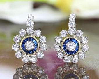 Vintage Art Deco Earrings, Floral Halo Earrings, Lever Back Earrings, Blue Sapphire Earrings, Antique Earrings, 14K Gold over Earrings
