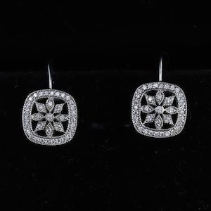 Vintage Art Deco Earrings, Floral Diamond Earrings, Lever Back Earrings, Engagement Earrings, Antique Earrings, 14K Gold over Earrings