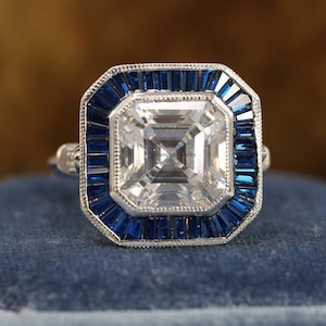 Vintage Art Deco Style Asscher Diamond and Sapphire Ring, Art Deco-Sapphire Halo Ring, Vintage Milgrain Bezel Set Engagement Silver Ring