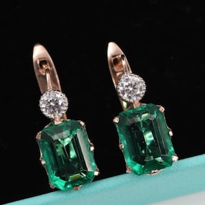 4.00 CT Green Emerald & Diamond Solitaire Stud Earrings 14K Rose Gold Over, Two-Stone Earrings, lever Back Solitaire Stud Earrings