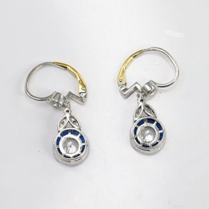 Vintage Art Deco Earrings, Floral Halo Earrings, Lever Back Earrings, Blue Sapphire Earrings, Antique Earrings, 14K Gold over Earrings
